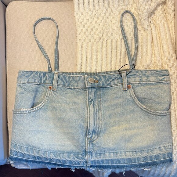 Zara Distressed Blue Denim Jean Strap Skirt Camisole Crop Tank Top SMALL - Picture 5 of 6